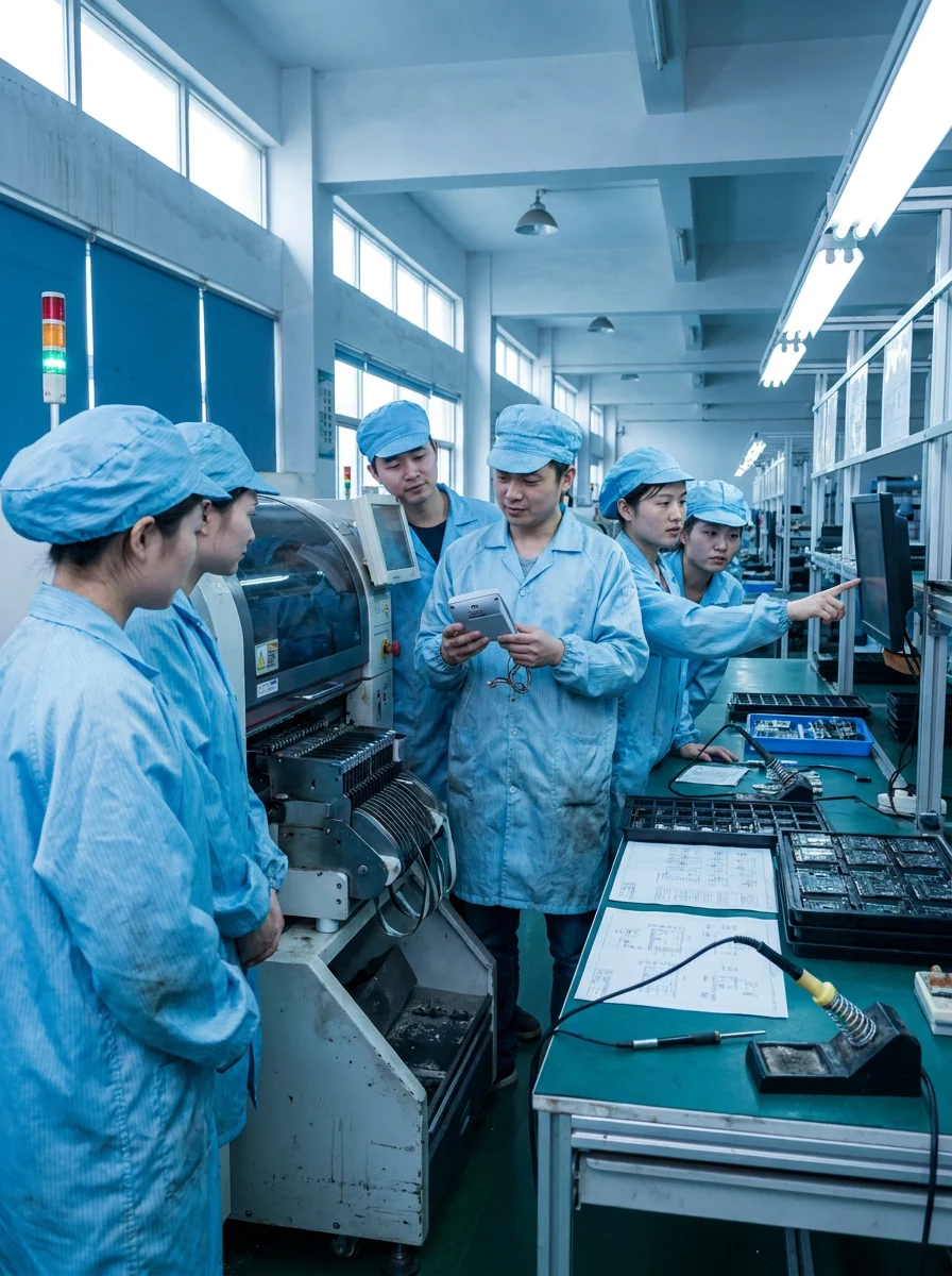 Electronic alarm manufacturer team on the production floor