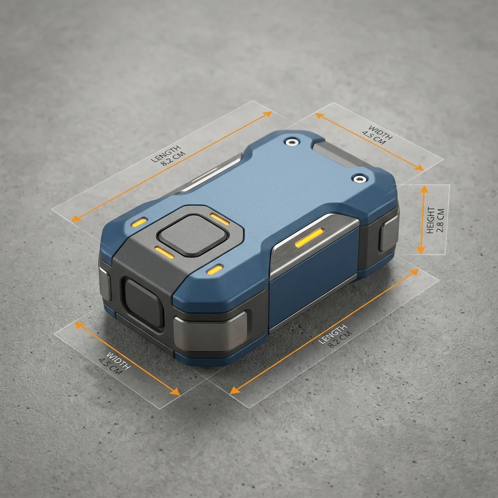 Bike alarm product on a neutral surface with dimension callouts