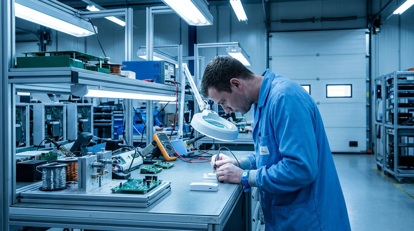 Function-test bench with a door and window sensor under inspection on the factory line