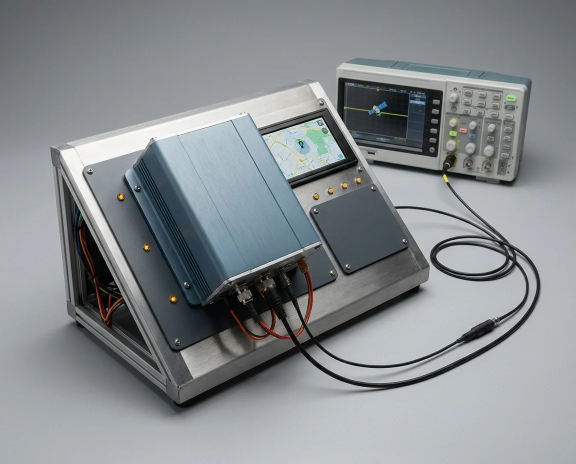 GPS tracker acquiring a live satellite fix on a functional test jig