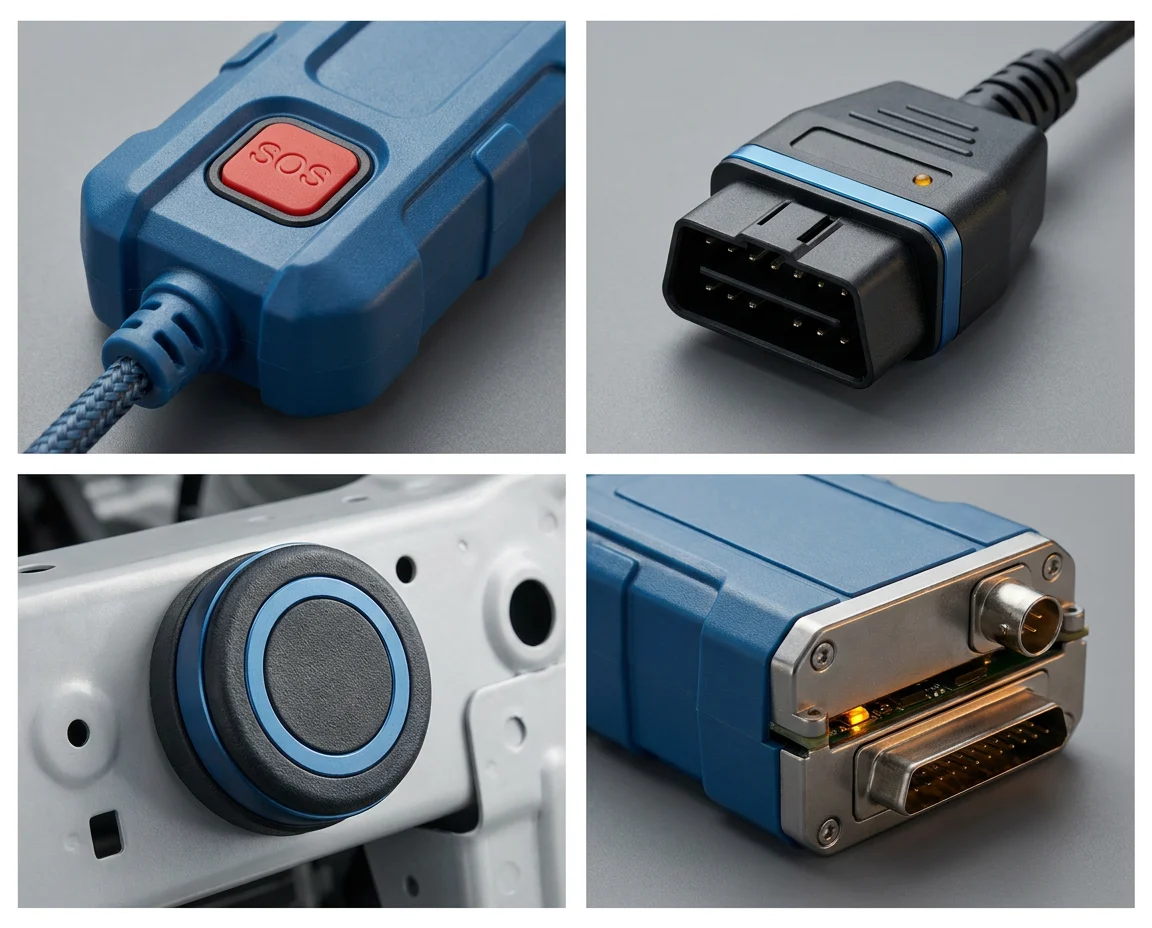 GPS tracker install macros — SOS button, OBD-II port, magnet-mount on a vehicle