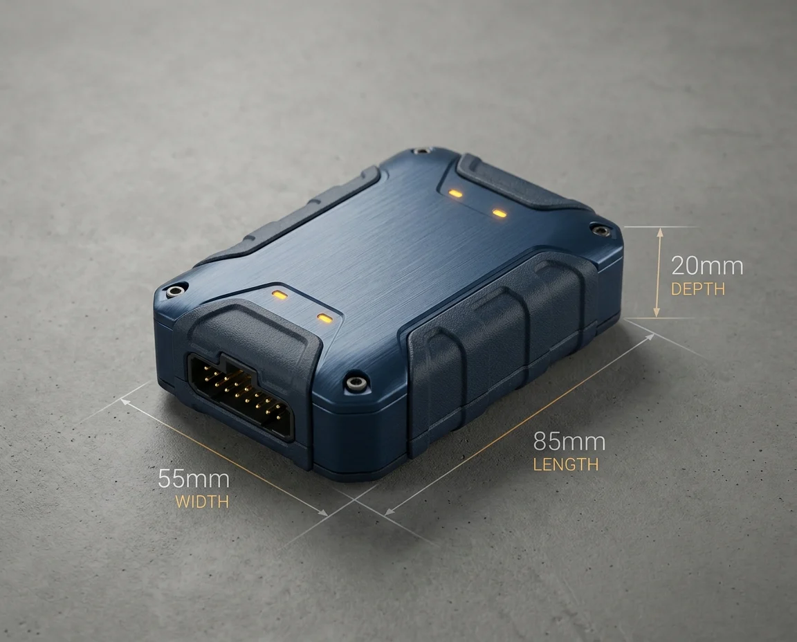 GPS tracker product on a neutral surface with dimension callouts