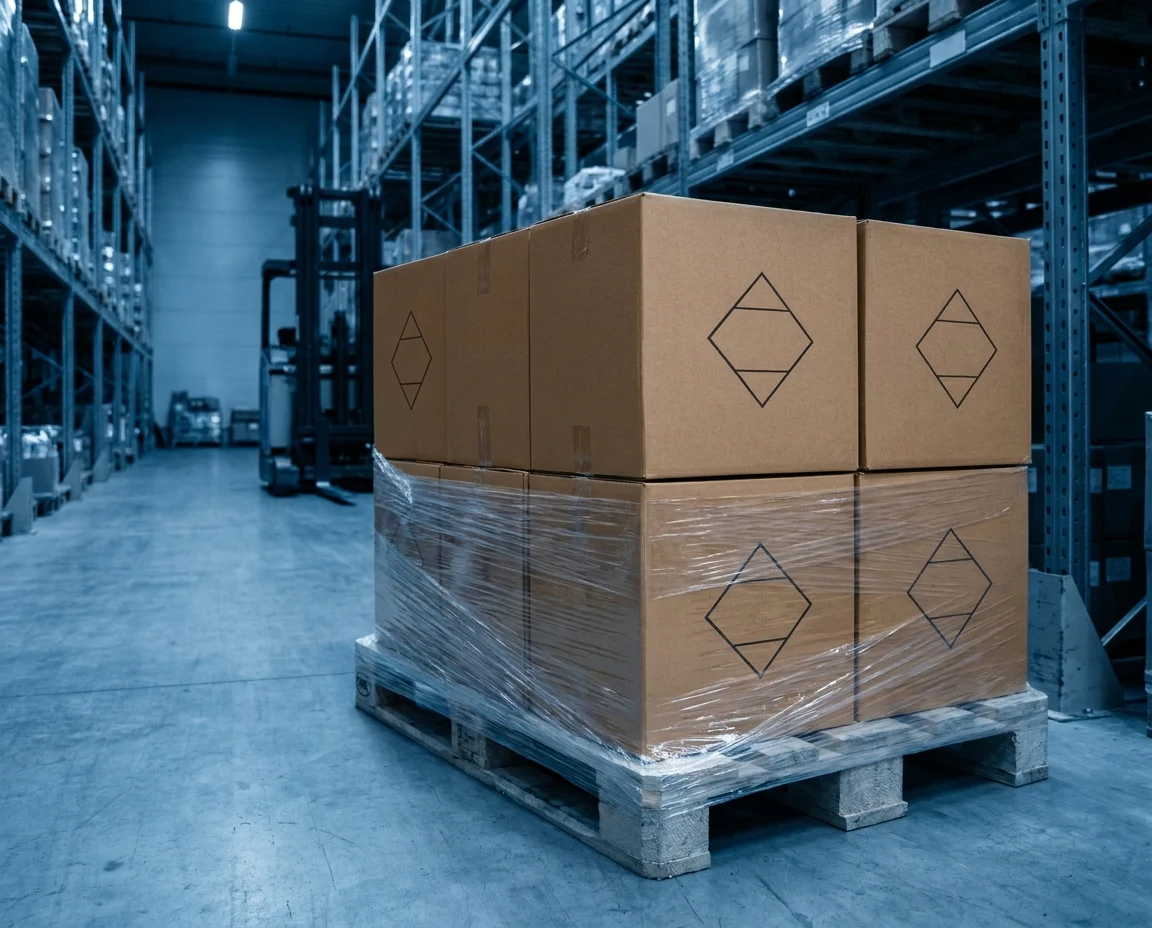 SDS and UN1950 labeled dangerous-goods hazmat carton on a palletized pepper spray shipment