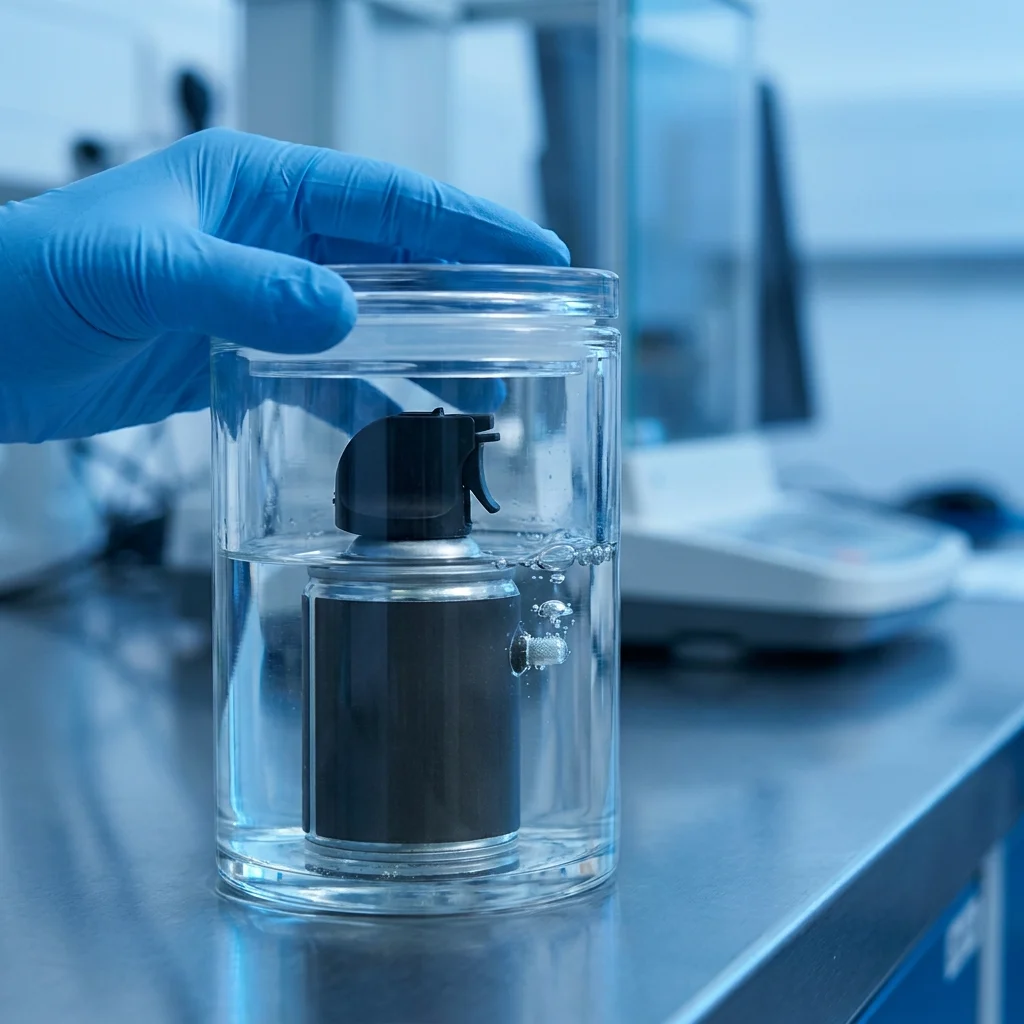 Pepper spray leak-test vacuum chamber and actuator safety flip-top close-up in the lab