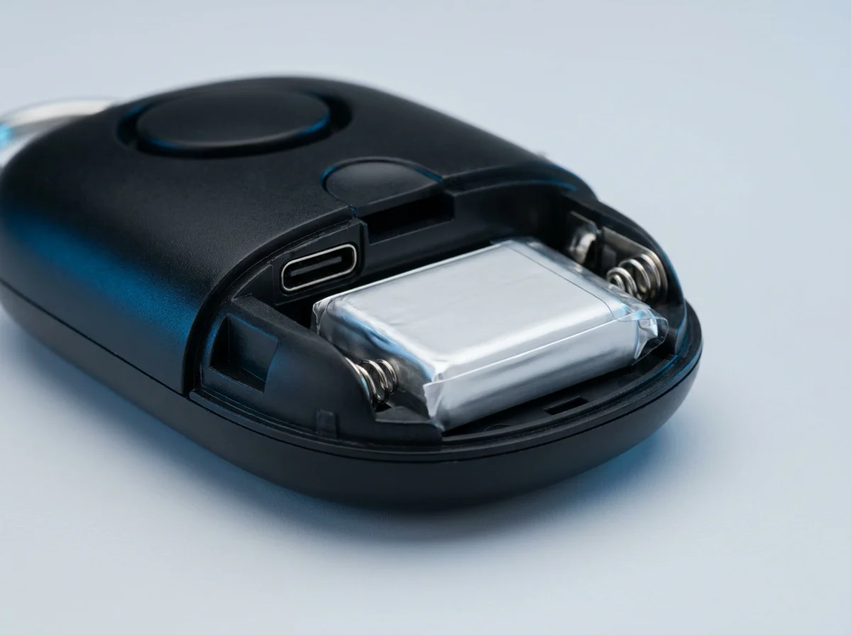 Rechargeable personal alarm USB-C and open battery compartment detail