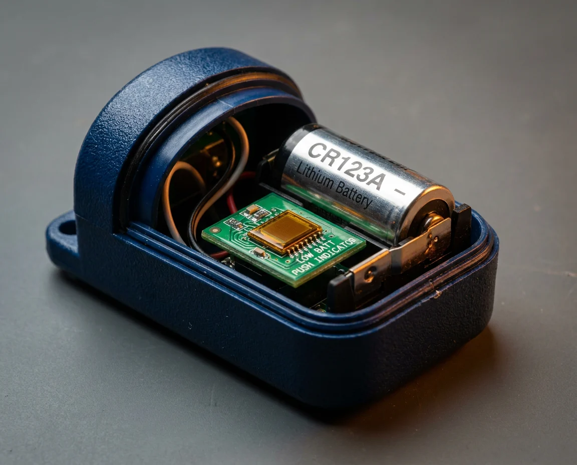 PIR sensor housing opened to show the CR123A cell beside an app low-battery push chip