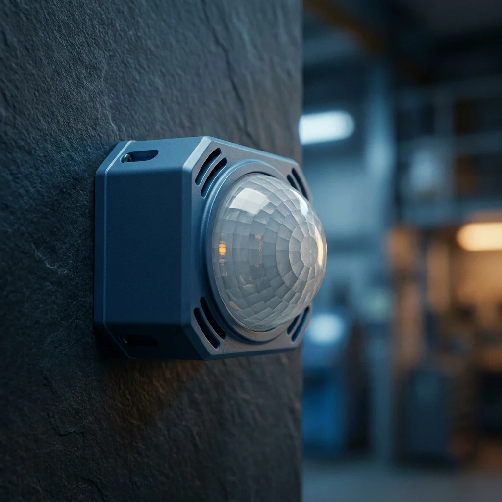 PIR motion sensor alarm manufacturer — wall/corner passive-infrared unit, lens dome catching light on a dark slate wall