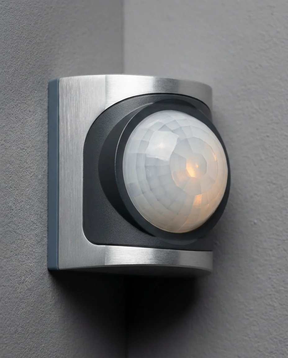 Wall / corner PIR motion sensor beauty shot showing the Fresnel lens dome